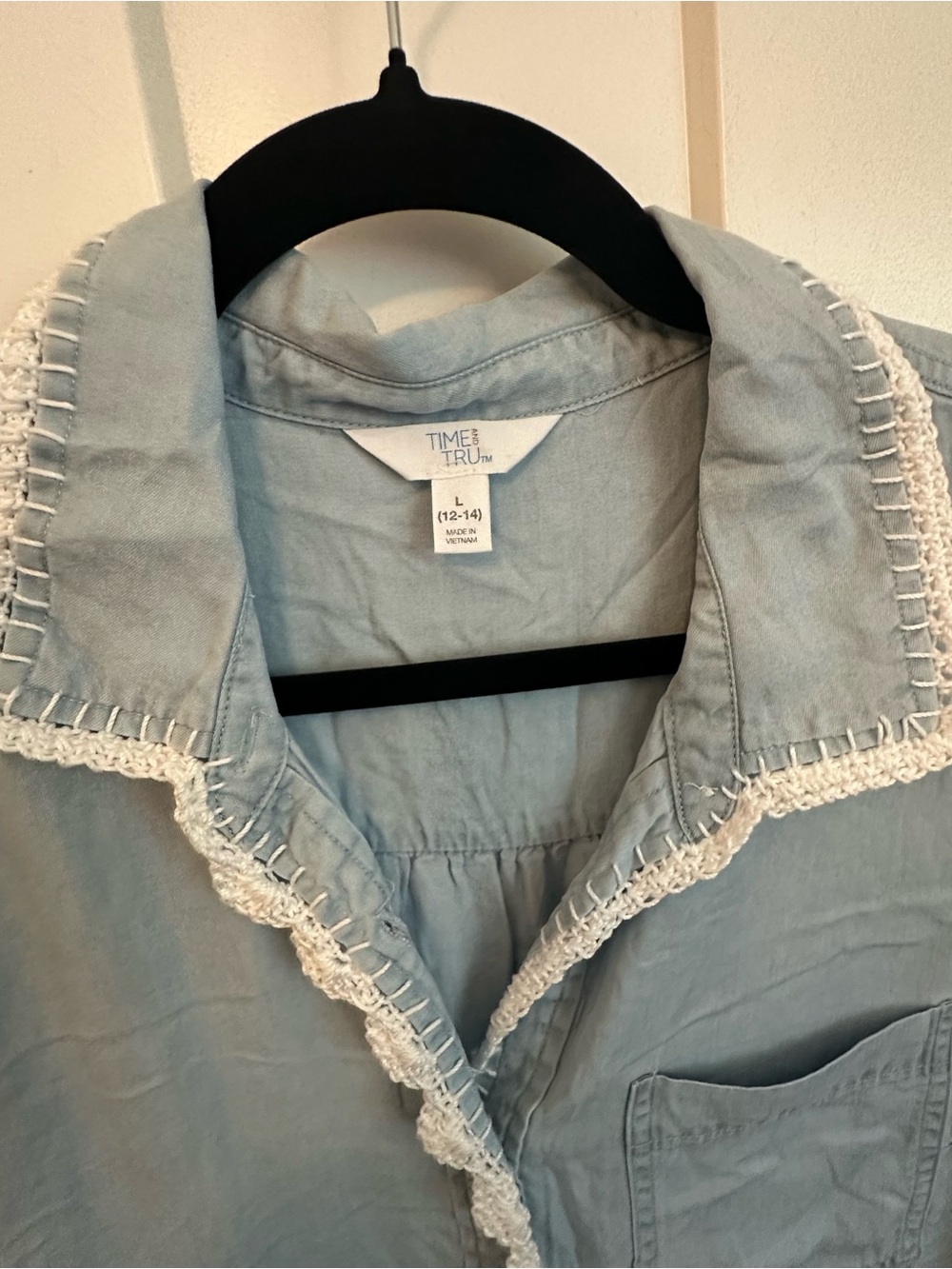Time and Tru Light Blue Chambray Dress with Hand Crochet-Trim upcycled - Picture 2 of 7